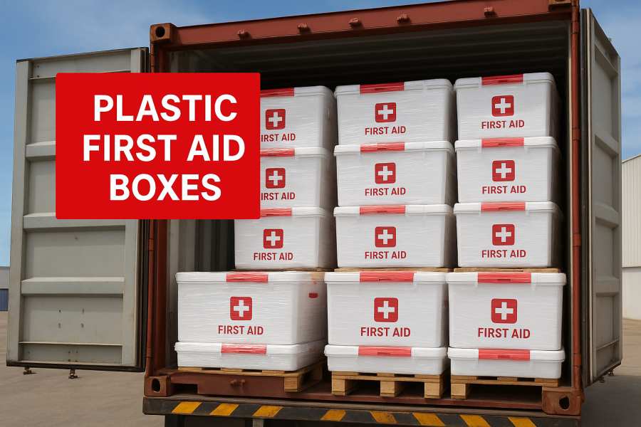 Yiwu Kebon Healthcare sender en fuld container med plastik førstehjælpskasser til Dubai