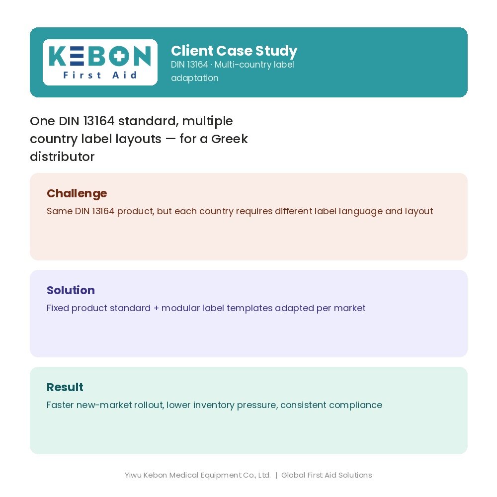 Ét standard, flere markeder: Hvordan Yiwu Kebon Healthcare løste multi-country layout-overholdelse for en græsk kundes DIN 13164 førstehjælpssæt